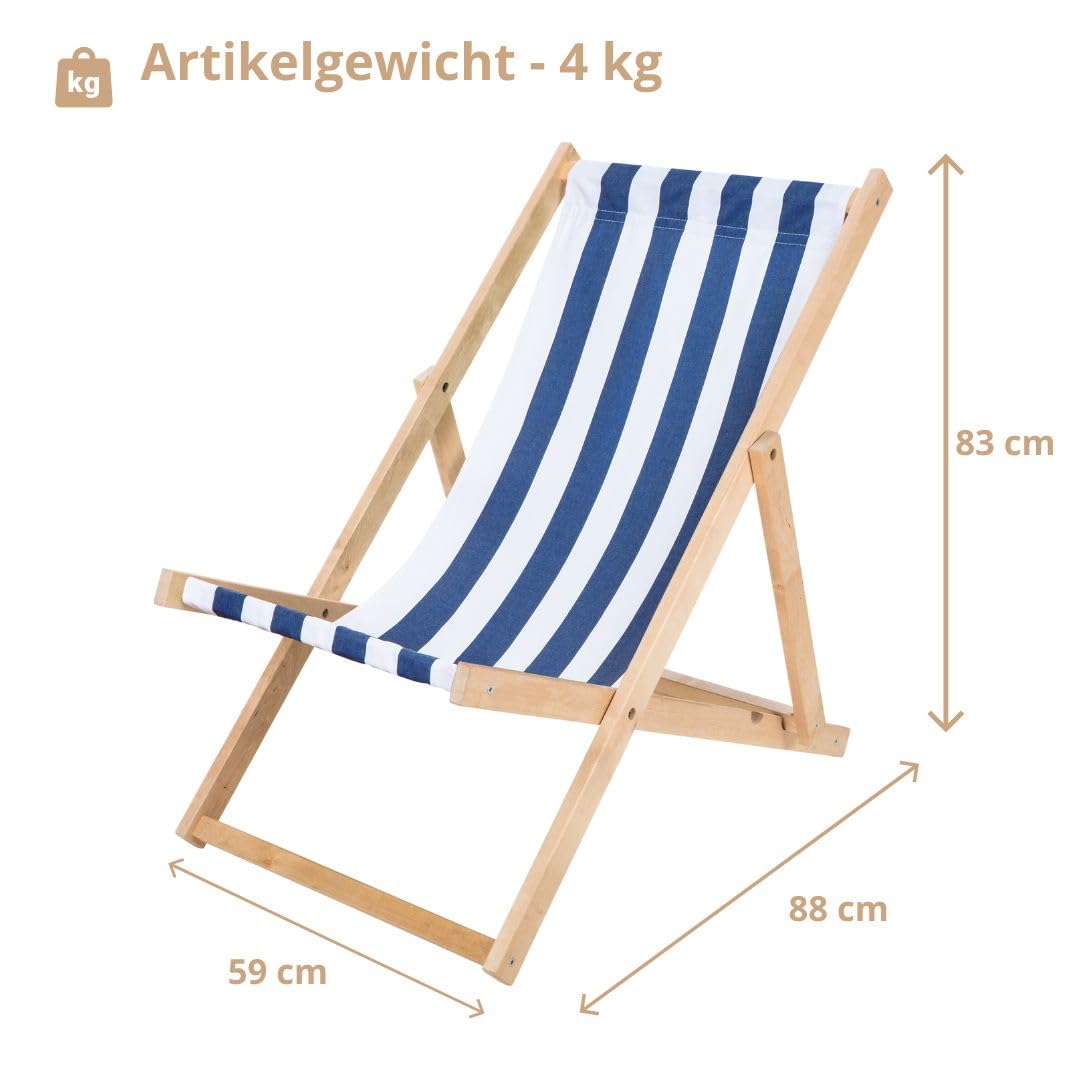 Liegestuhl klappbar Holz - Sonnenliege aus Buchenholz bis 120 Kg Holzklappstuhl für Balkon, Strand und Terrasse & Camping - Gartenliege Strandliege (Blau-Weiß gestreift)