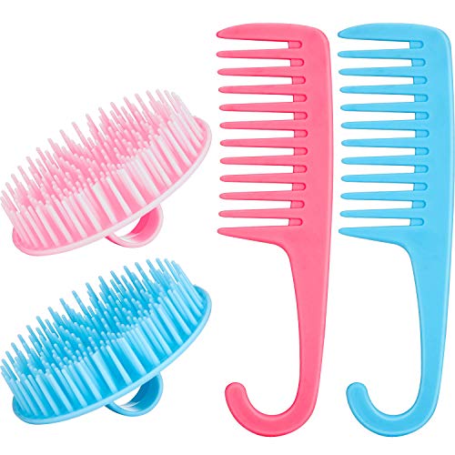 2 Pack Wide Tooth Comb Shower, Detangler Shower Comb with Hook, Hair Wide Tooth Dry Wet Comb and 2 Pack Shampoo Scalp Massage Shower Brush