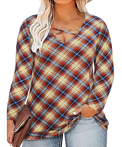 Image of CARCOS Plus Size Tops for Women Long Sleeve Fall Tunic Color Block Camo /Plaid /Leopard /Fall Blouse Crewneck Tshirt XL-5XL