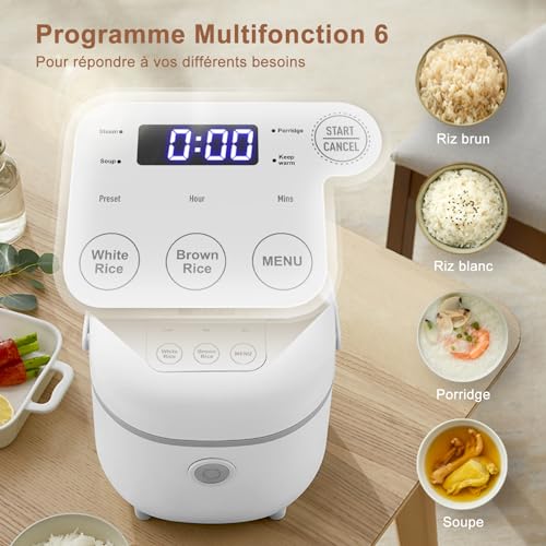 Bear Cuiseur de riz 4 tasses (non cuit) avec Cuiseur Vapeur, Multifonctionnel 350W Electric Mini Rice Cooker,6 Fonctions de Cuisson du riz pour 2-4 personnes,Blanc – Image 4