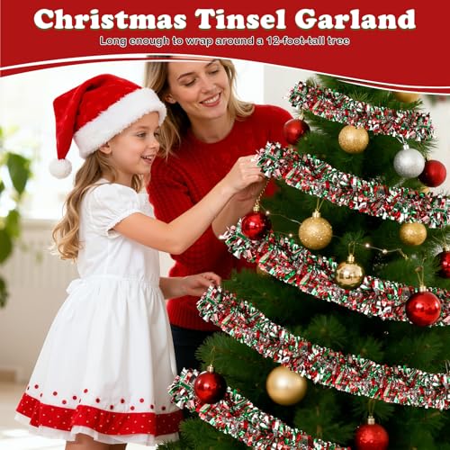 Image of 50FT Christmas Tinsel Garland, Red Green&Silver Metallic Twist Shiny Hanging Garland Ornaments for Christmas Tree, Party Supplies Thick Metallic Xmas Streamers