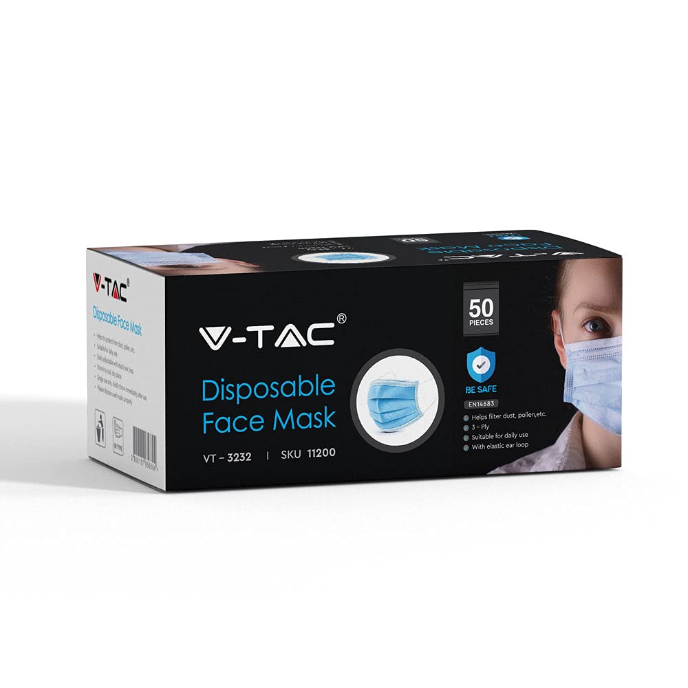 V-TAC Face Masks with Ear Loop Disposable Type (Medical) Non-Woven, 3-Layer, Internal Point 50 Pieces Per Box (UK Stocks A...