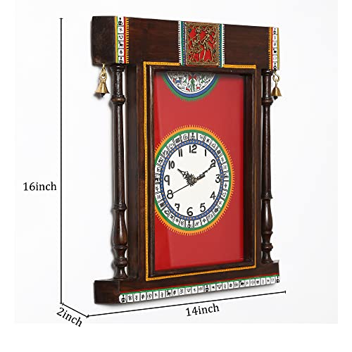 Image of AAKRITI ART CREATIONS Wall Clock Handcrafted Warli Art Red Dial with Glass Frame Brown, Red | Clock for Home, Home Decoration | Wooden wall Decor | Matte Finish
