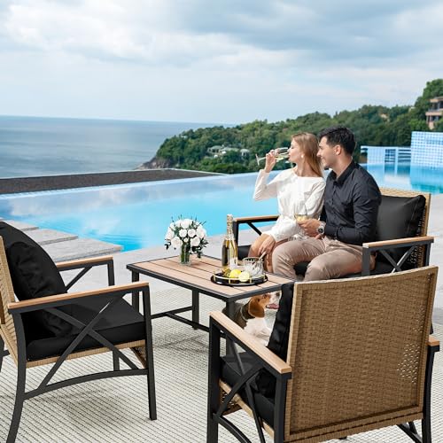 YITAHOME-4-Piece-Patio-Wicker-Furniture-Set-with-Wood-Armrest-All-Weather-Rattan-Conversation-Furniture-Sets-for-Backyard-Balcony-Deck-wSoft-Cushions-and-Plastic-Wood-Table-Light-BrownBlack YITAHOME 4 Piece Patio Wicker Furniture Set with Wood Armrest All Weather Rattan Conversation Furniture Sets for Backyard Balcony Deck wSoft Cushions and Plastic Wood Table Light BrownBlack