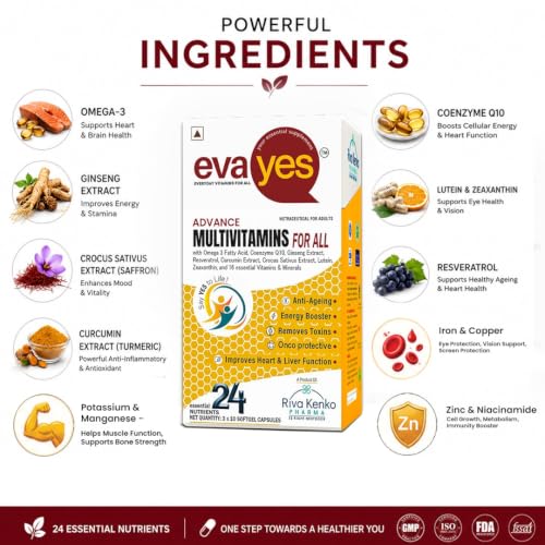 Image of Eva Yes Multivitamin for Men with Omega 3, CoQ10, Resveratrol, Ginseng, Saffron, Lutein & Zeaxanthin|Vitamin A, B-Complax, C, D3, E & K2-7| Support Stamina, Heart, Brain, Bone, Immunity & Metabolism