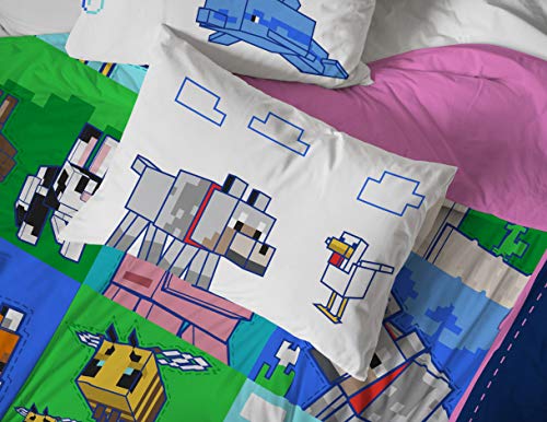 Image of Minecraft Full Size Comforter Set 7 Piece Kids Bedding for Girls, Multi | Bed in a Bag, Comforter Sheets Shams Pillowcases, Official Brand, Soft Microfiber, Machine Washable, Girls Gift