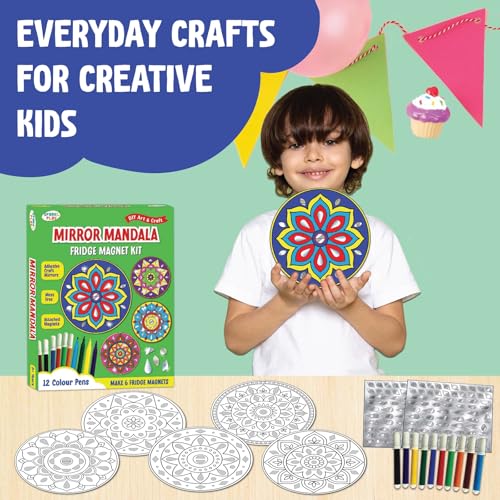 Image of SparkLPlay DIY Mirror Mandala Art Kit for Kids. Coloring Set with - 6 Magnetic Cutouts,12 Color Pens & 100+ Mirror Stickers. Creative Art & Craft. Mess Free. Gifts for Kids.