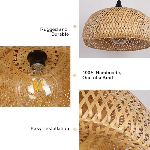Image of Boho Pendant Light Fixture Bamboo Hanging Light Rattan Pendant Light Woven Wicker Shade Rattan Chandelier for Dining Living Bedroom Kitchen Farmhouse (Bulb not Include) (Round-13inches)