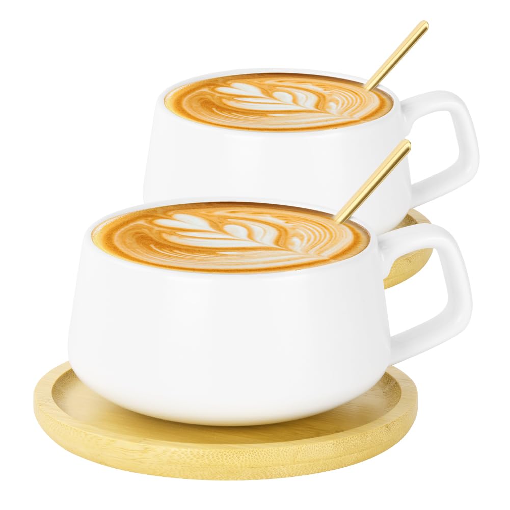 AOOTE Cappuccino Cup & Saucer Set, 2 Pcs Porcelain Espresso Coffee Cup with Saucer and Spoon, 320ML Wide Cappuccino Cups, Ceramic Coffee Cups Set for Tea, Coffees, Espresso, Americano, Latte