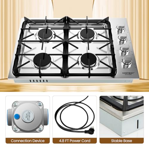 COSTWAY 30-inch Stainless Steel Gas Cooktop, 4 Burner Gas Stove Top with ABS Knobs and Cast Iron Grates, NG/LP G Convertible Range Top with Sealed Burners, Easy to Clean, Silver