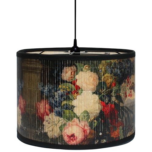 Retro Lamp Shade, E27 11.8"x7.9" Vintage Printed Art Deco Chandelier Cover Lampholder, Unique Drum Spider Japanese Tropical Funky Decorative Bamboo Lampshade for Hanging Table Floor Light (Flower)