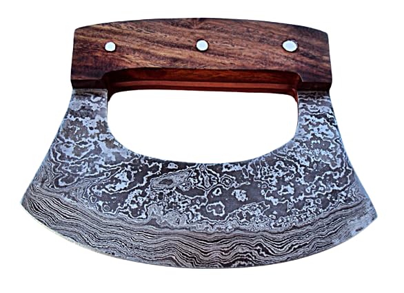 KZ-03 Handmade Damascus Steel Pizza Cutter Chef Mezzaluna Ulu Knife - Fixed Blade knife for Chopping Boning Slicing Cutting,Solid Rose Wood Handle with Leather Sheath.