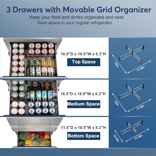 Image of Stainless Steel 3-Tier Drawer Fridge Undercounter, Outdoor Beverage Refrigerator with Wheels, Waterproof Design and Temperature Control for Home and Commercial Use