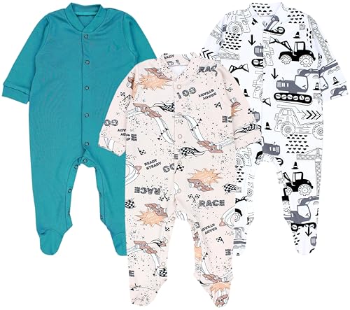 TupTam Baby Jungen Schlafstrampler mit Fuß 3-er Pack, Farbe: Bagger...