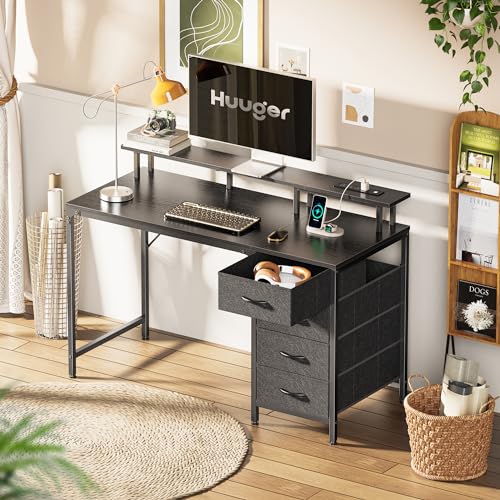 Huuger 47 Inch Computer Desk with Power Outlets and LED Lights, Gaming Desk with 4 Drawers, Office Desk with Monitor Stand, Study Desk Work Desk for Home Office, Small Spaces, Black - Image 3