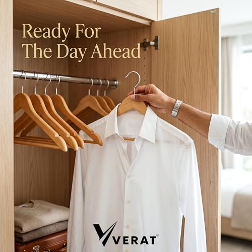 Image of Wooden Clothes Hangers Pack of 10, Natural Solid Wood Coat Hangers with Chrome Swivel Hook, Smooth Finish for Shirts, Suits, Dresses & Jackets, Space Saving Wardrobe Organizer (Light Brown)