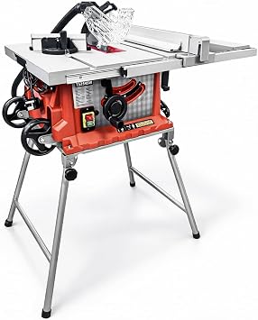 Lumberjack Table Saw 254mm, Professional Portable Table saws for Woodworking with Folding Legs and Wheels Ideal for Site workshops and Trade, Powerful 1800W Motor 240V