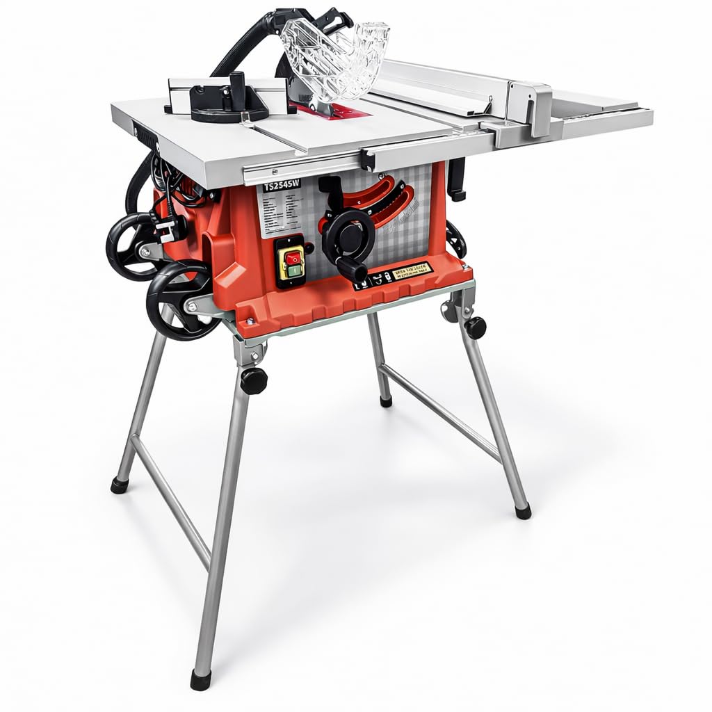 Lumberjack Table Saw 254mm, Professional Portable Table saws for Woodworking with Folding Legs and Wheels Ideal for Site workshops and Trade, Powerful 1800W Motor 240V