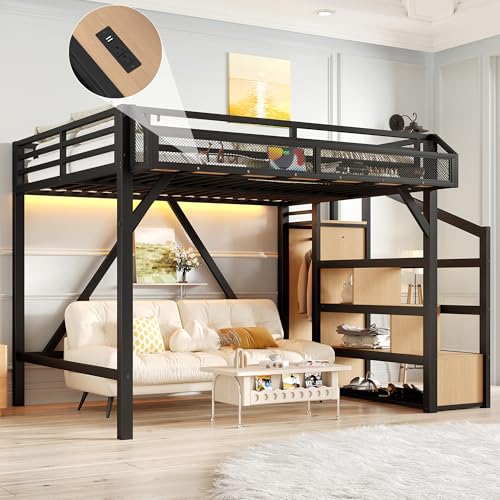 Opiniones de Litera Matrimonial E Individual Coppel - los más vendidos. 45 Cama Tipo Loft de Metal de tamaño matrimonial con escaleras y clóset, Marco de Cama de Alta Resistencia con Luces LED y estación de Carga para niños, Adolescentes, Adultos,...