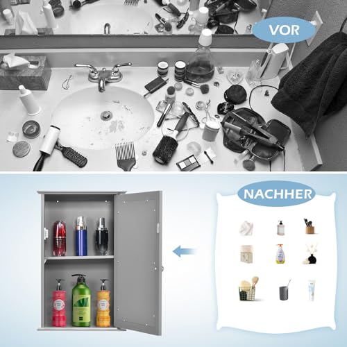 COSTWAY Spiegelkast voor badkamer, 2 verdiepingen hangkast met spiegel, wandkast, badkamerspiegel van hout met 3-traps verstelbare plank en deur, 34 x 15 x 53 cm (grijs) - Afbeelding 6