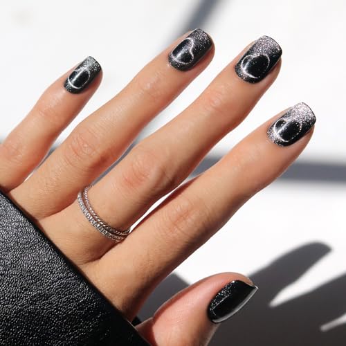 Glamnetic Press On Nails - Midnight Romance | Short Squoval Black Fake Nails with Magnetic Cat-Eye Design & Finish, Salon Quality Halloween Nails | 15 Sizes - 30 Nail Kit with Glue