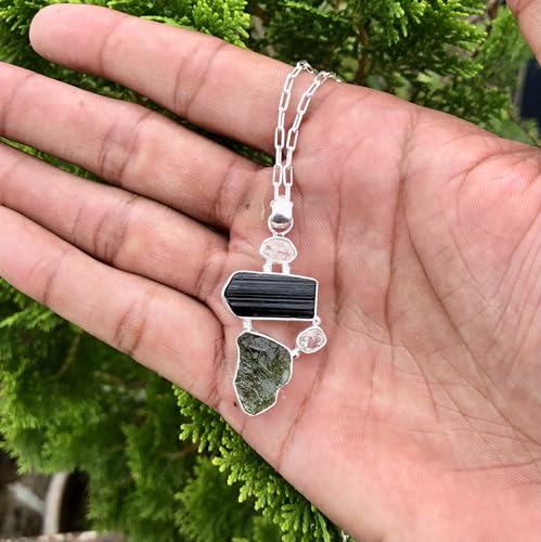 Genuine Moldavite Pendant With Black Tourmaline & Herkimer Diamond, 925 Sterling Silver Handmade Healing Crystal Jewelry, Raw Natural Stones, Spiritual Gift for Women3