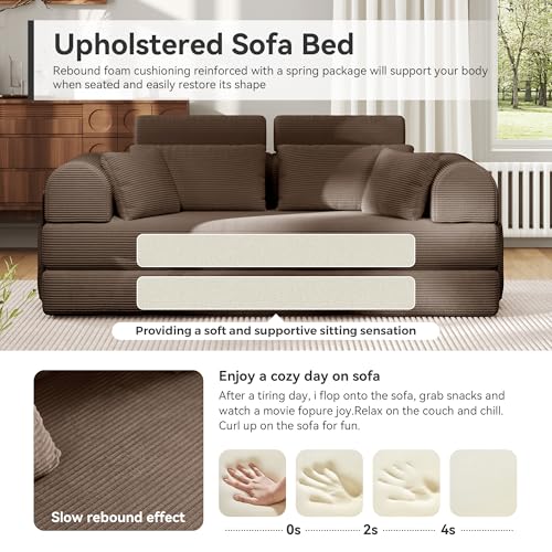 Image of Upgrade High Backrest Design Sofa Bed with Fixed-Shape Frame & Removable Armrests and Backrest, Corduroy Fabric, Convertible Mattress Couch for Small Spaces - No Assembly Needed (Brown)