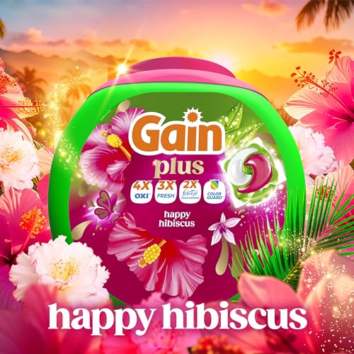 Image of Gain Plus Flings Liquid Washing Detergent Pods, Gain's Best Clean, All-In-One, Happy Hibiscus Scent Laundry Pacs, 45 Count (Packaging May Vary)