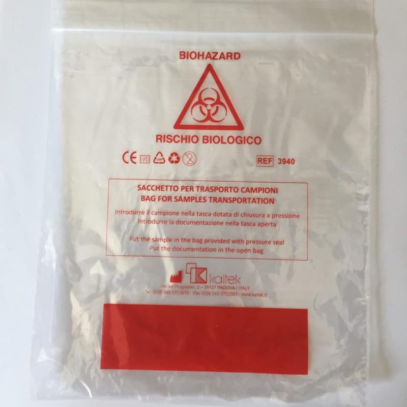 Sacs de transport d'échantillons en polyéthylène en 2 parties, la 1 avec fermeture zip-lock minicharnière, avec symbole et mention BIOHAZARD. Dim sac 155x175mm poche ouverte 155x235mm conf de 50