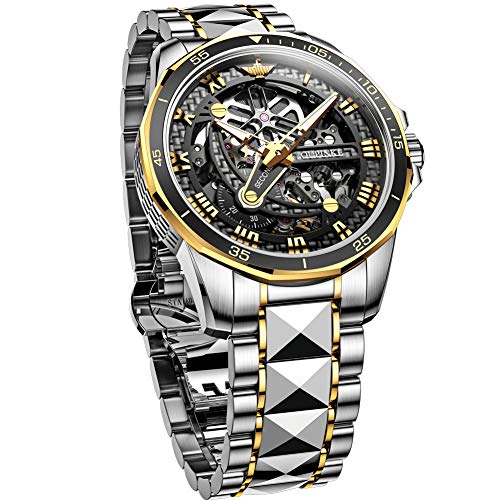 Image of OLEVS Mens Watches Skeleton Mechanical Black Watches for Men Wrist Watches Automatic Luxury Tungsten Steel Sapphire Crystal Waterproof Luminous Gold and Black