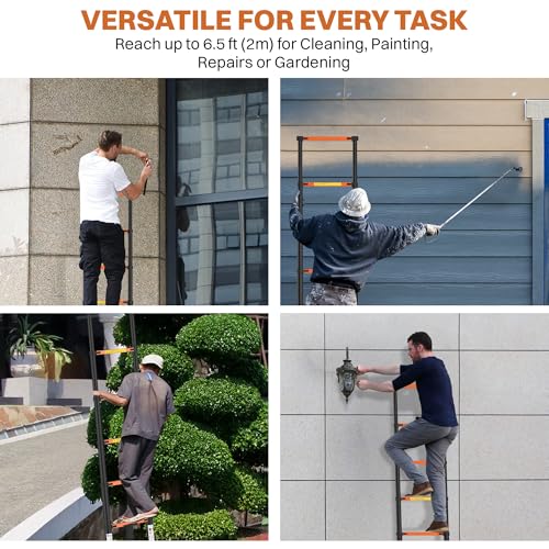 Image of BonKaso Telescopic Ladder, 2M / 6.5Ft, 7 Steps - Heavy-Duty Foldable Alloy Steel Ladder | Anti-Slip, 150kg Load Capacity, Rustproof & EN131 Certified - Matt Black & Orange