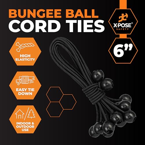 Image of Xpose Safety Bungee Ball Cords 6 inch 25 Pack Heavy Duty Black Stretch Rope with Ball Ties for Canopies, Tarps, Walls, Cable Organization