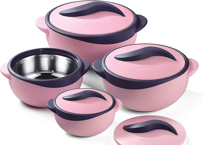AHOO 4pc Round Heat Insulated Food Storage Hot Pot Food Warmer/Cooler with Lid–Thermal Soup/Salad Serving Bowl- Stainless Steel Hot Food Container Best Gift Set Holidays Pinnacle Parisa (Matt Pink)