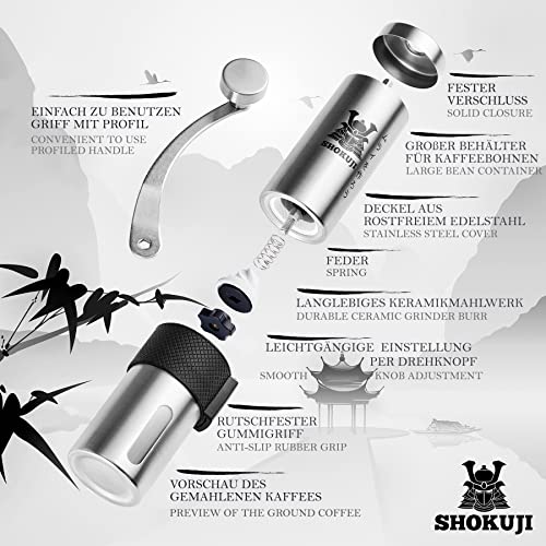 SHOKUJI Manuelle Edelstahl-Kaffeemühle - Grinder/Handmühle mit stufenlos verstellbarem Keramik-Mahlwerk, viel Zubehör… – Bild 3