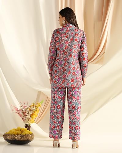 Image of DHRUVI TRENDZ Co Ord Set for Women Stylish | Ethnic Cotton Casual Cord Set | Stylish Summer Kurta & Pant Set | Casual Daily Outfit Night Suit for Women | Full Sleeve Top with Relaxed Fit Trousers