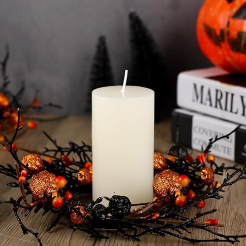Image of 6 PCS Halloween Candle Rings Wreaths Black Orange Berries & Pumpkin Candle Rings Mini Wreath 3.5 Inch Center for Pillar Candle Halloween Fall Thanksgiving Party Home Table Indoor Decorations