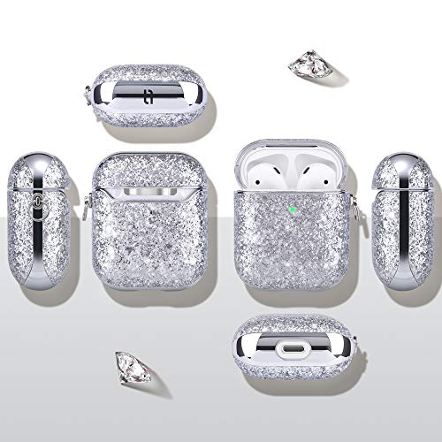 Ulak Glitter Case For Airpods 1 & 2, Stylish Design Airpods Case Cover For Women Girls, Luxury Bling Sparkle Leather Hard Case Shockproof Protective With Keychain For Airpod 2 & 1, Silver #TOP6