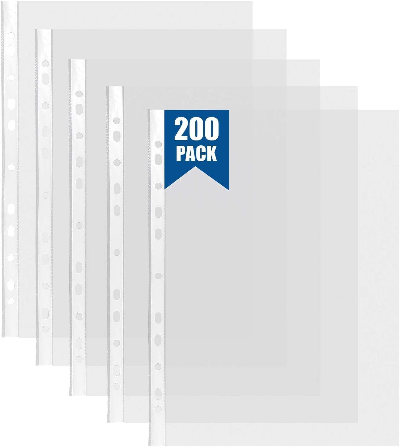 FWEEK 200 Pcs Punched Pockets A4 Clear 50 Micron Strong Plastic Wallet Sleeves, Top Opening Poly Pockets for Ring Binder Folders (50C White)