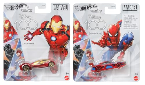 Hot Wheels Marvel Disney - Vehículos fundidos a presión de 100 personajes, Iron Man y Spider-Man, paquete de 2, a partir de 3 años