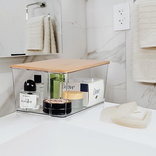 Miniatura 4 de Hudgan Caja organizadora de almacenamiento apilable pequeña con tapas de bambú para oficina en casa armario baños armarios de dormitorio