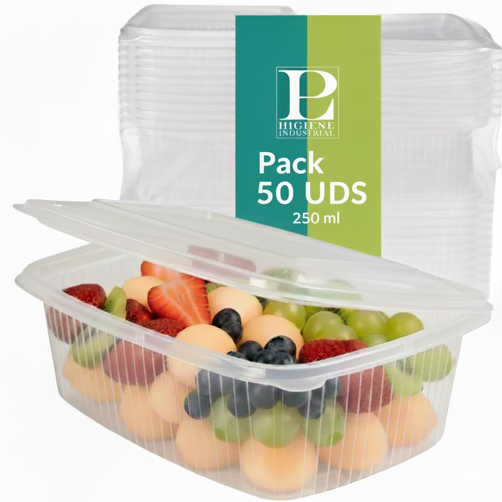 Pack 50 Envases Reutilizables con Tapa Bisagra 250 ml - Resistentes y Duraderos - Tupper Apto para Microondas y Reciclable - Para Alimentos Calientes o Fríos