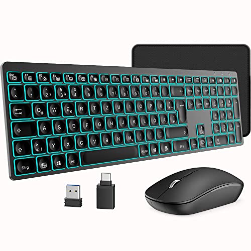 Vbrisi Kabelloses Tastatur Maus Set, Ultraslim 2.4GHz Tastatur Maus Set Kabellos, Wiederaufladbare Kabellose Tastatur und Maus mit Deutsches QWERTZ-Layout Kompatibel mit PC/Laptop/Tablet