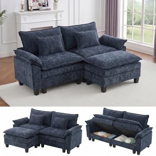 Image of IPKIG 82.3 inch Modular Cloud Couch with Storage, L Shaped Sectional Sofa with Ottoman & Pillow, Chenille Deep Seat Sectional Couches for Living Room, Apartment, Blue