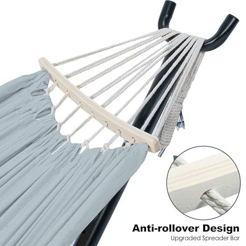 Image of GAFETE Double Hammocks with Stand for Outside, Max 600lbs, (Light Gray) | Upgraded Spreader Bar, 9FT Heavy Duty & Space Saving Stand, Easy Assemble, Convenient Side Pocket, Indoor & Outdoor, Patio