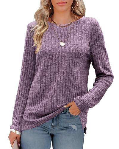 Odosalii Top da donna casual a righe maglioni girocollo a coste maniche lunghe camicie spacco laterale tinta unita pullover maglione, Viola, M