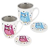 Tee Tasse Teebecher Set mit Sieb + Deckel Porzellan Motiv Eule 6-teilig 11 cm