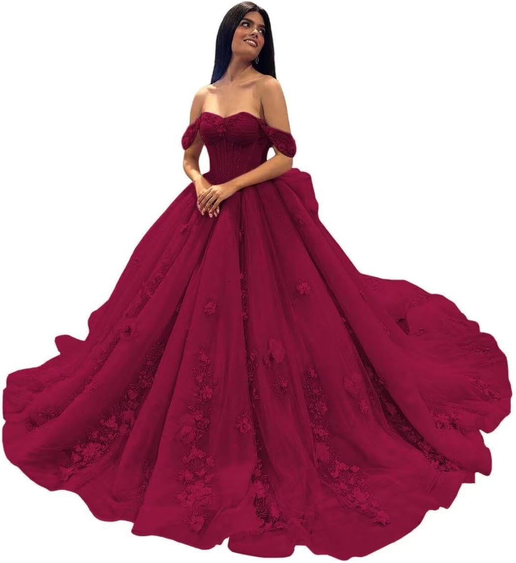 Fuomomo Off Shoulder Quinceanera Dresses Ball Gowns for 15 16 Year Old Quinceanera Evening Gowns with lace Appliques MT033 Burgundy