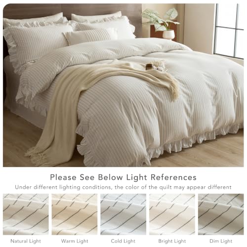 Image of QSH White Dark Grey Wide Stripes Ruffled Duvet Cover Set King Size,3PCs Washed Cotton Farmhouse Striped Ruffle Bedding Quilt Cover Ultra Soft Breathable Comforter Cover Set King with Pillow Shams