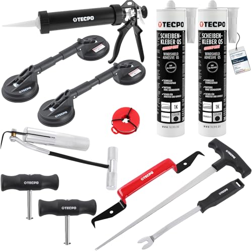 TECPO Scheibenausbauwerkzeug Set Steinschlag Reparaturset Windschutzscheibe Autoglas Ausbau Werkzeug Satz mit Scheibenkleber Kartuschenpresse Gummi Doppelsauger Ø118mm Schneidedraht Lösewerkzeug