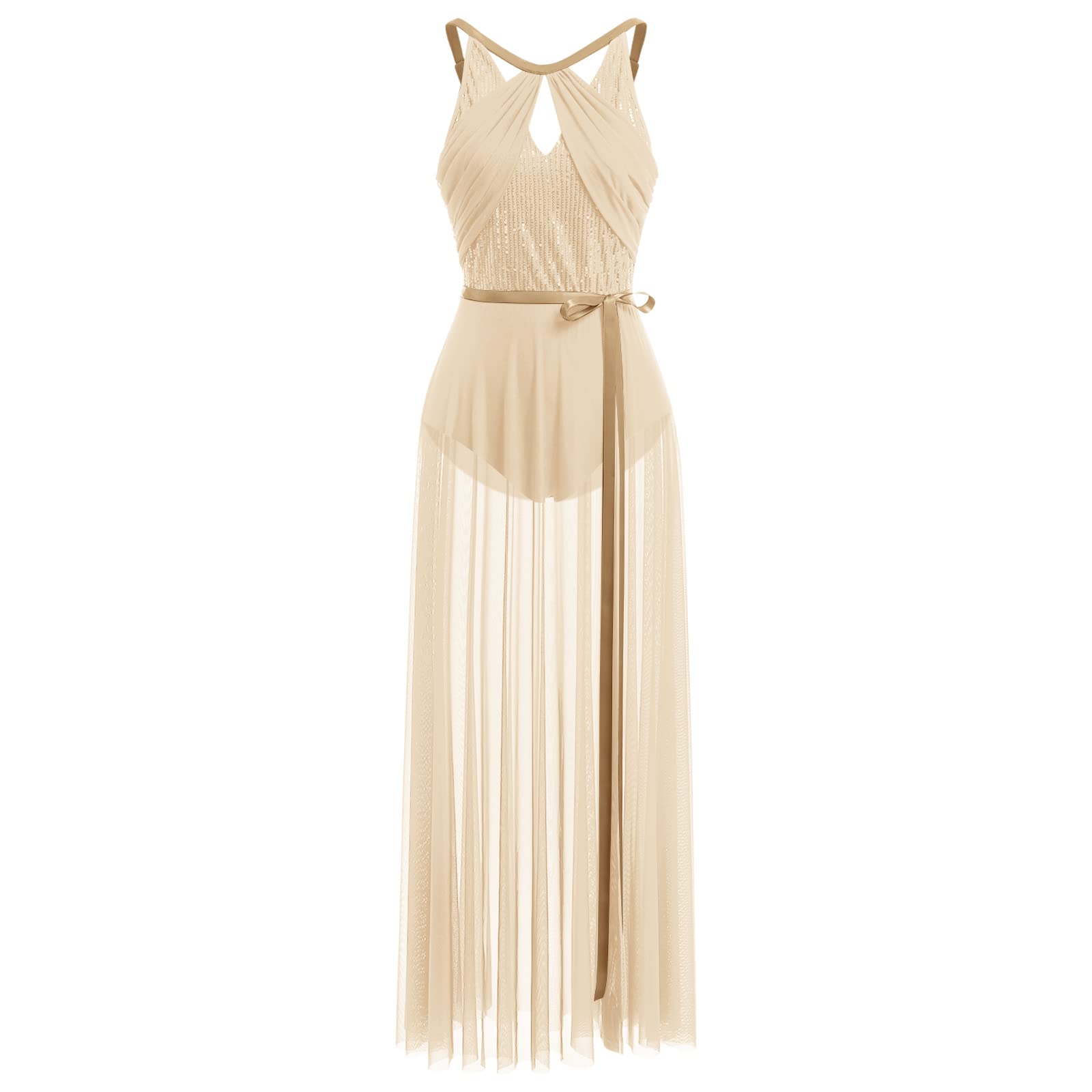 FYMNSI Robe de danse lyrique pour femme - Sans manches - Maillot à paillettes - Avec jupe portefeuille - Costume de danse moderne et contemporain